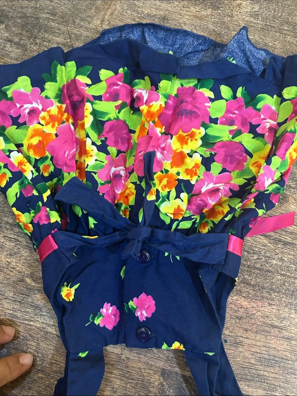 Jessica Ann Navy Floral Dress with Pink Ribbon Accent
